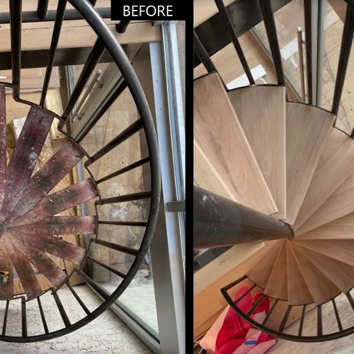 Spiral stairs before and after in Phoenix, AZ at Artisan Wood Floor